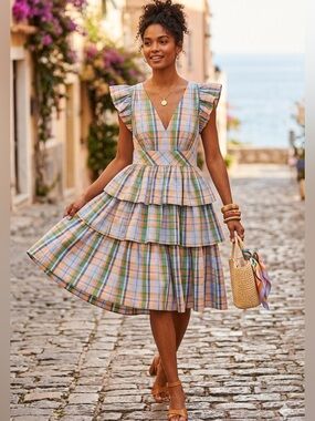 Kate Spade Pastel Plaid Tiered Ruffle Dress in Blue, Peach, Green Size 4